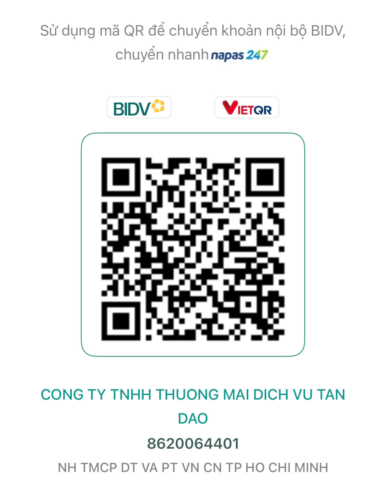 Mã QR chuyển khoản BIDV — Công ty TNHH Thương mại Dịch vụ Tấn Đào, số tài khoản 8620064401